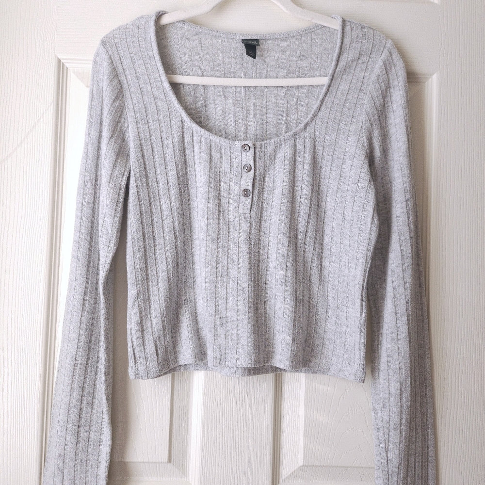 Wild Fable Ribbed Henley Long Sleeve Top Light Heather Grey